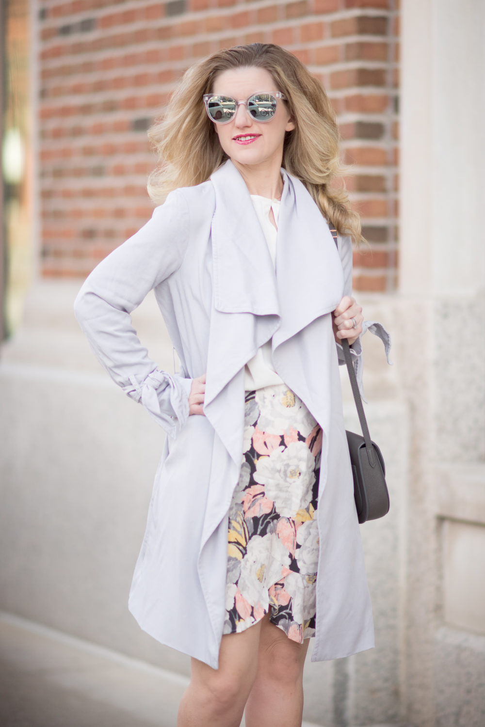 Petite Fashion and Style Blog | Club Monaco Ellayne Tie Trench | Loft Floral Flounce Skirt | Loft Bell Cuff Blouse
