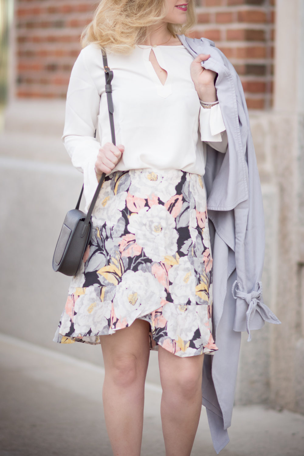 Petite Fashion and Style Blog | Club Monaco Ellayne Tie Trench | Loft Floral Flounce Skirt | Loft Bell Cuff Blouse