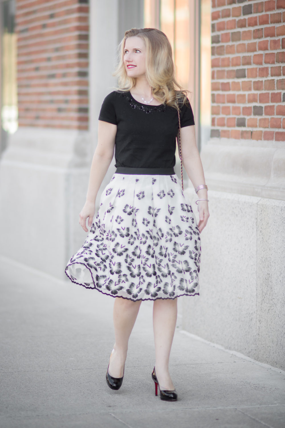 Petite Fashion and Style Blog | Fashion for Petite Women |Talbots RSVP Collection | Talbots Organza Pleated Skirt | Talbots Flower Trim Top | Christian Louboutin Simple Pump | Click to Read More...