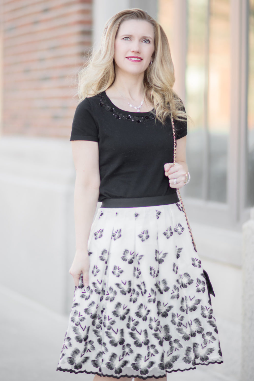 Petite Fashion and Style Blog | Fashion for Petite Women |Talbots RSVP Collection | Talbots Organza Pleated Skirt | Talbots Flower Trim Top | Christian Louboutin Simple Pump | Click to Read More...