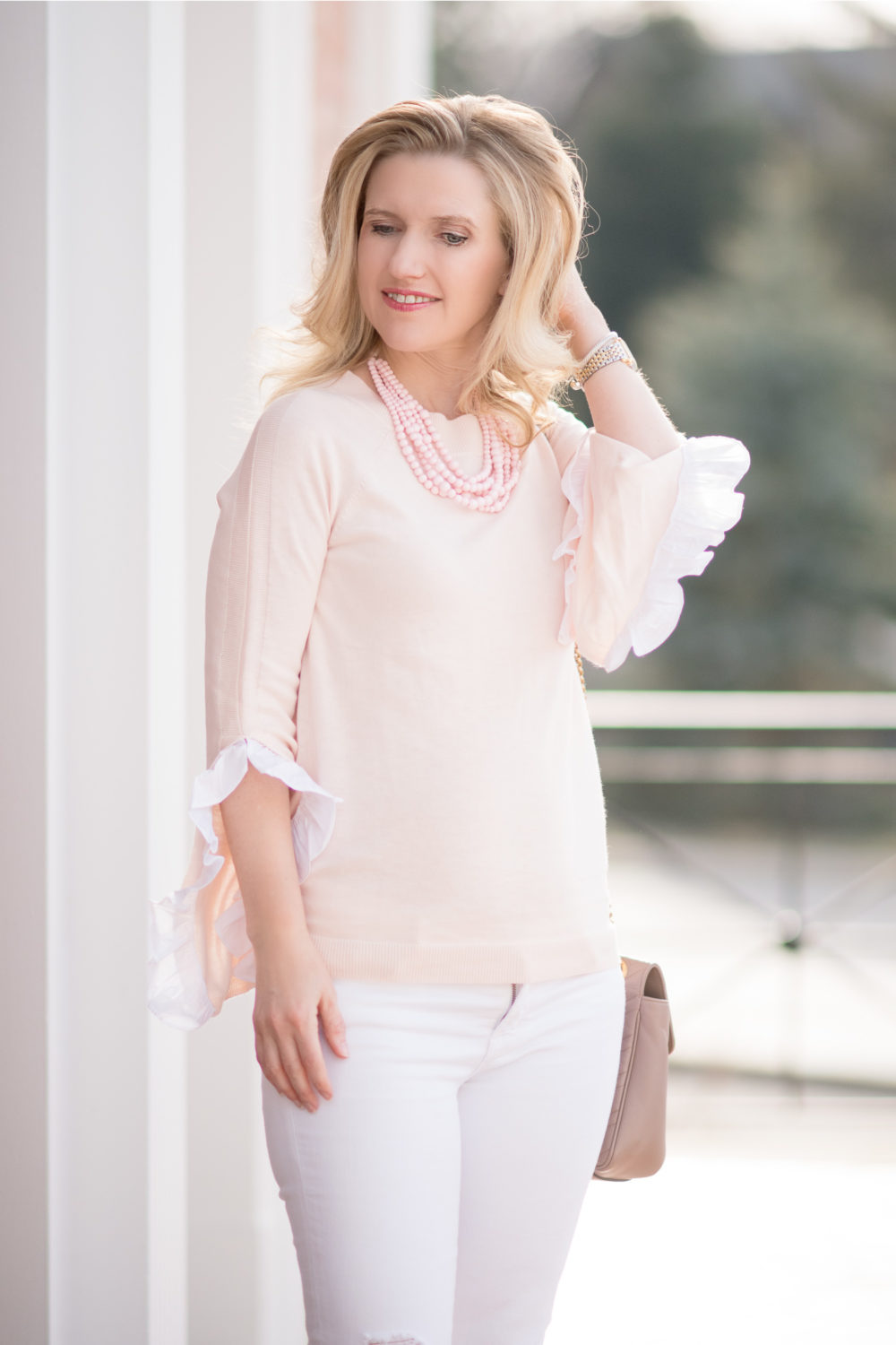 Michigan Petite Fashion and Lifestyle Blog | Chelsea28 Ruffle Sleeve Sweater | J. Brand Cropped Skinny Jeans | Aveda Invati System