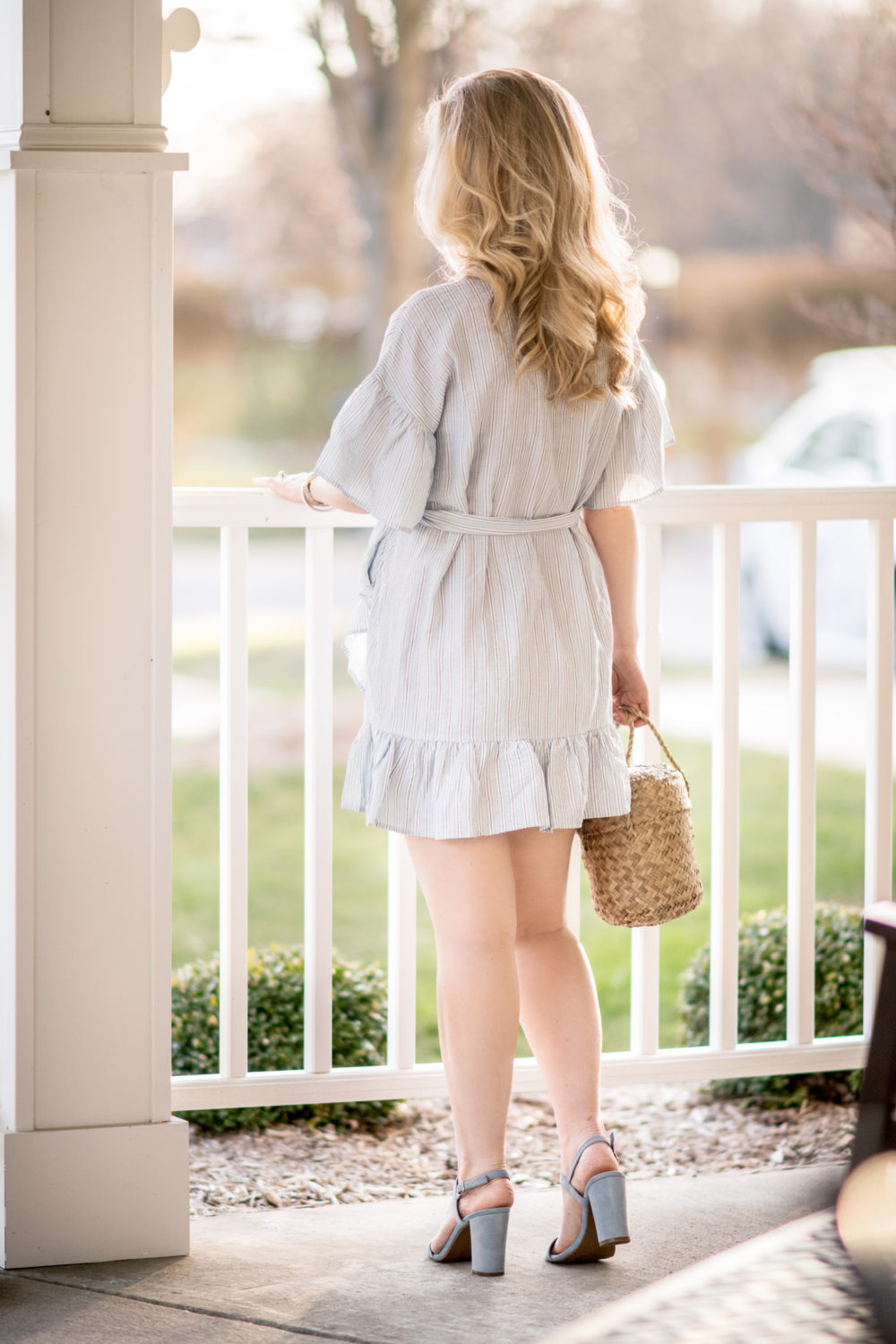 Michigan Petite Fashion and Lifestyle Blog | Storee Stripe Ruffle Wrap Dress | Straw Bucket Bag