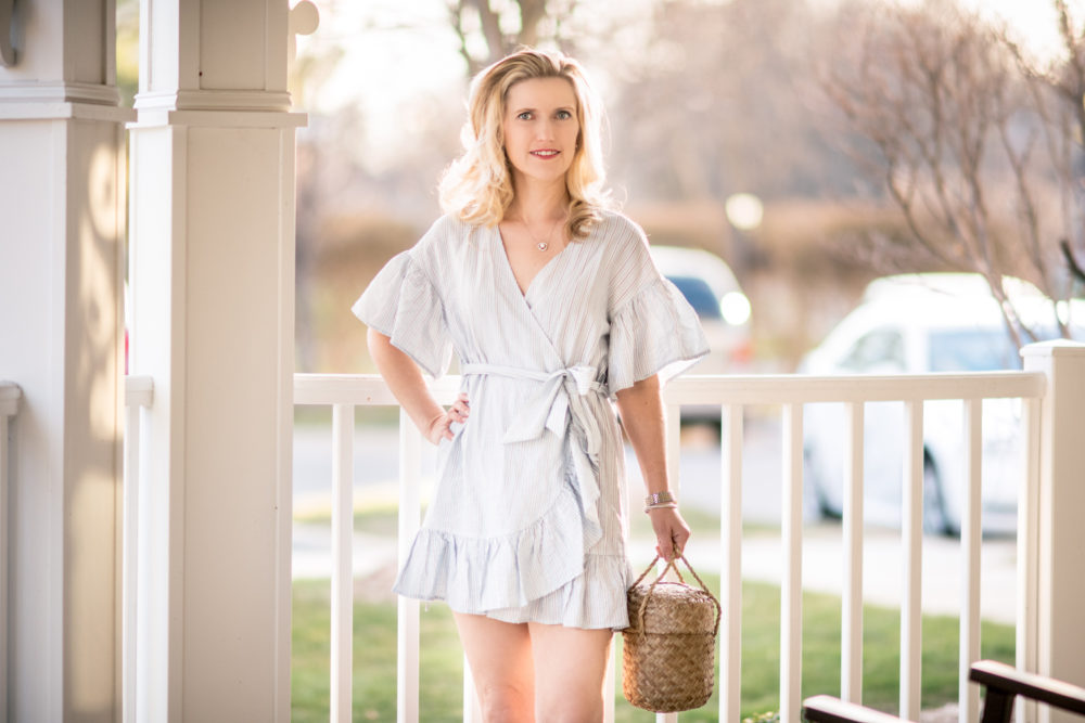 Michigan Petite Fashion and Lifestyle Blog | Storee Stripe Ruffle Wrap Dress | Straw Bucket Bag