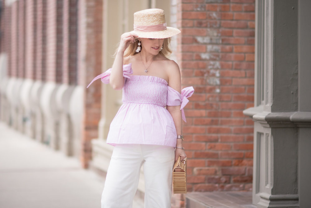   Michigan Petite Fashion and Lifestyle Blog | English Factory Off Shoulder Smocked Top | Everlane Wide Leg Crop Pant | Cult Gaia Gaia's Ark