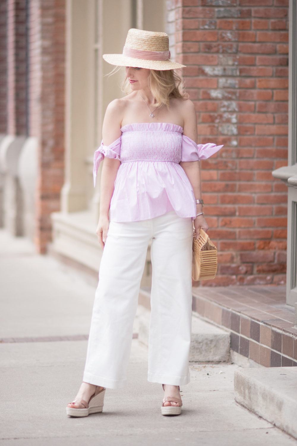 Michigan Petite Fashion and Lifestyle Blog | English Factory Off Shoulder Smocked Top | Everlane Wide Leg Crop Pant | Cult Gaia Gaia's Ark