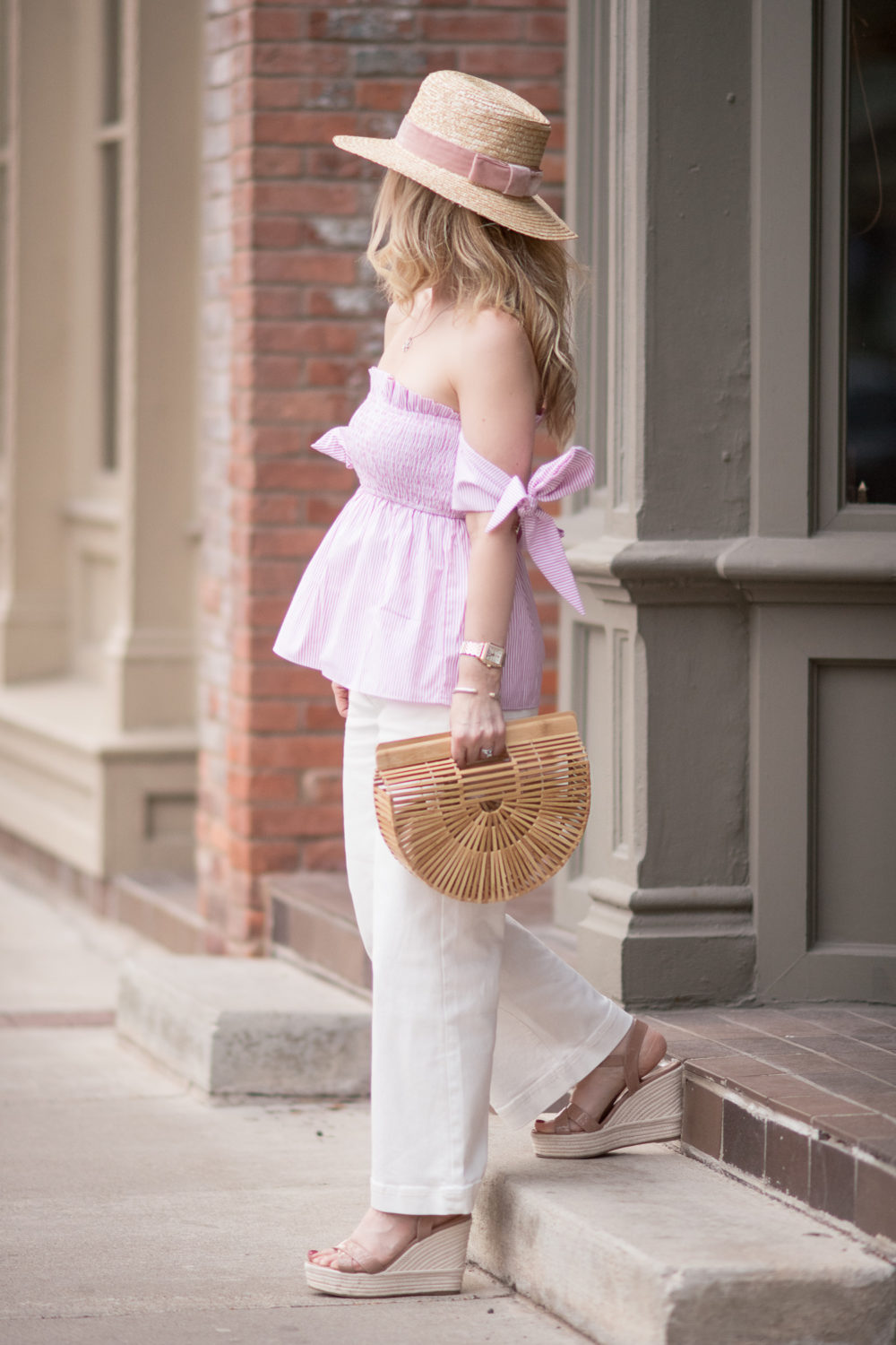   Michigan Petite Fashion and Lifestyle Blog | English Factory Off Shoulder Smocked Top | Everlane Wide Leg Crop Pant | Cult Gaia Gaia's Ark