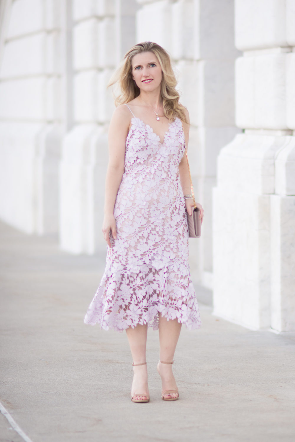 Michigan Petite Fashion and Lifestyle Blog | Vera Wang Women's Sleeveless 3D Lace Cocktail Dress With Ruffle Skirt | Lavender Dress | Lace Dress