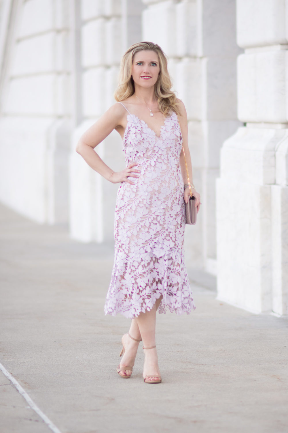 Michigan Petite Fashion and Lifestyle Blog | Vera Wang Women's Sleeveless 3D Lace Cocktail Dress With Ruffle Skirt | Lavender Dress | Lace Dress