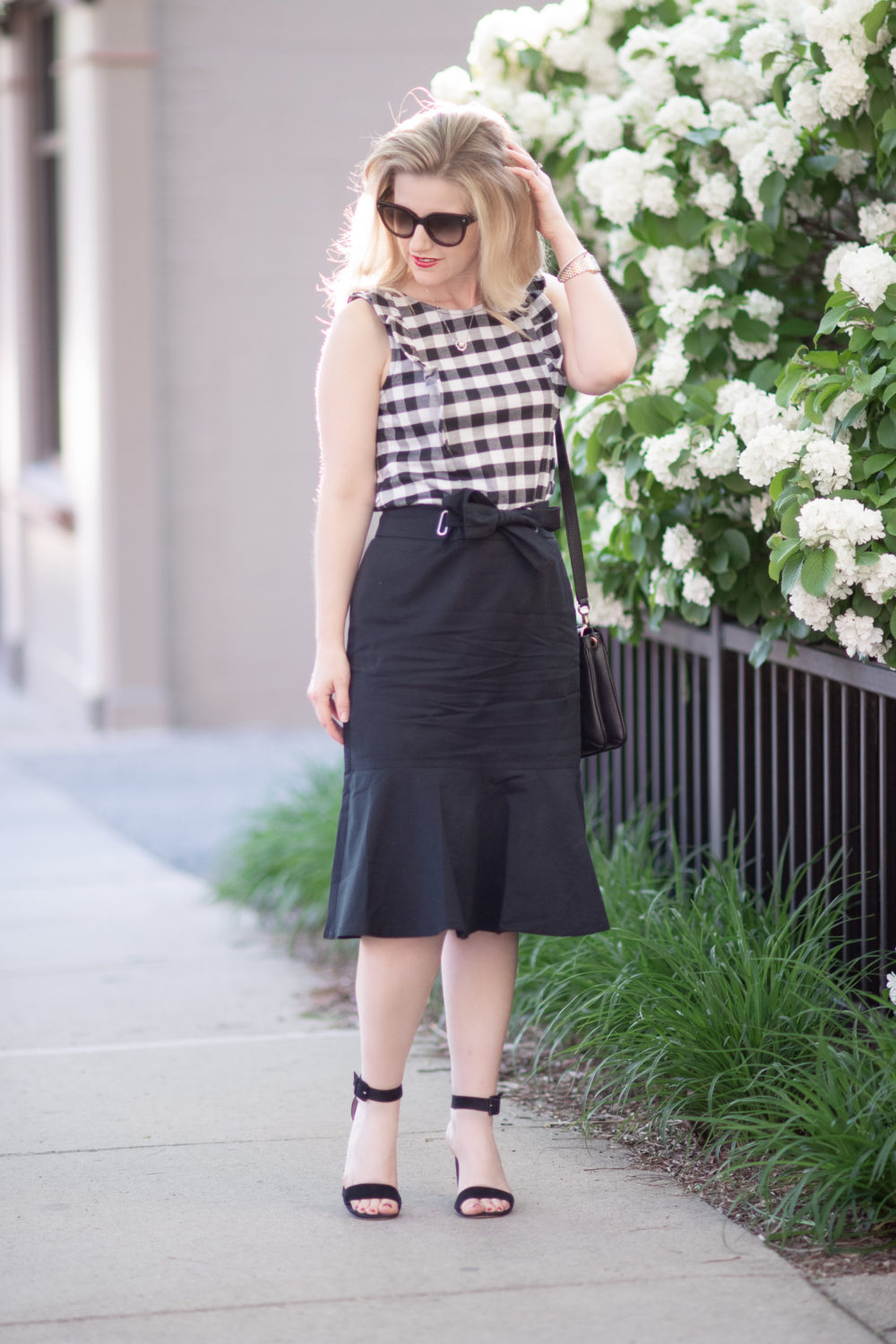Michigan Petite Fashion and Lifestyle Blog | Ann Taylor Gingham Ruffle Shell | Ann Taylor Tie Waist Flounce Skirt | Summer Workwear