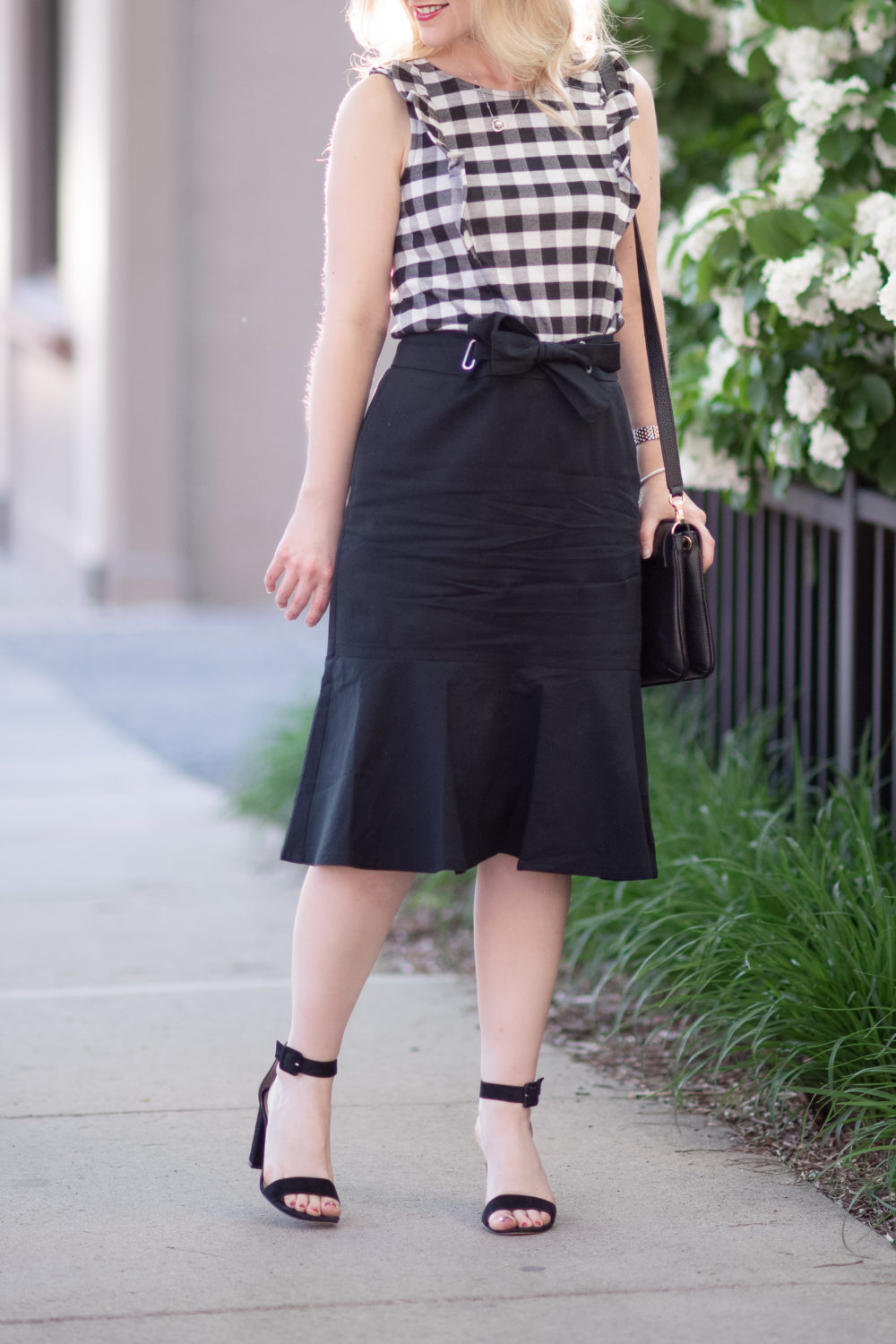 Michigan Petite Fashion and Lifestyle Blog | Ann Taylor Gingham Ruffle Shell | Ann Taylor Tie Waist Flounce Skirt | Summer Workwear