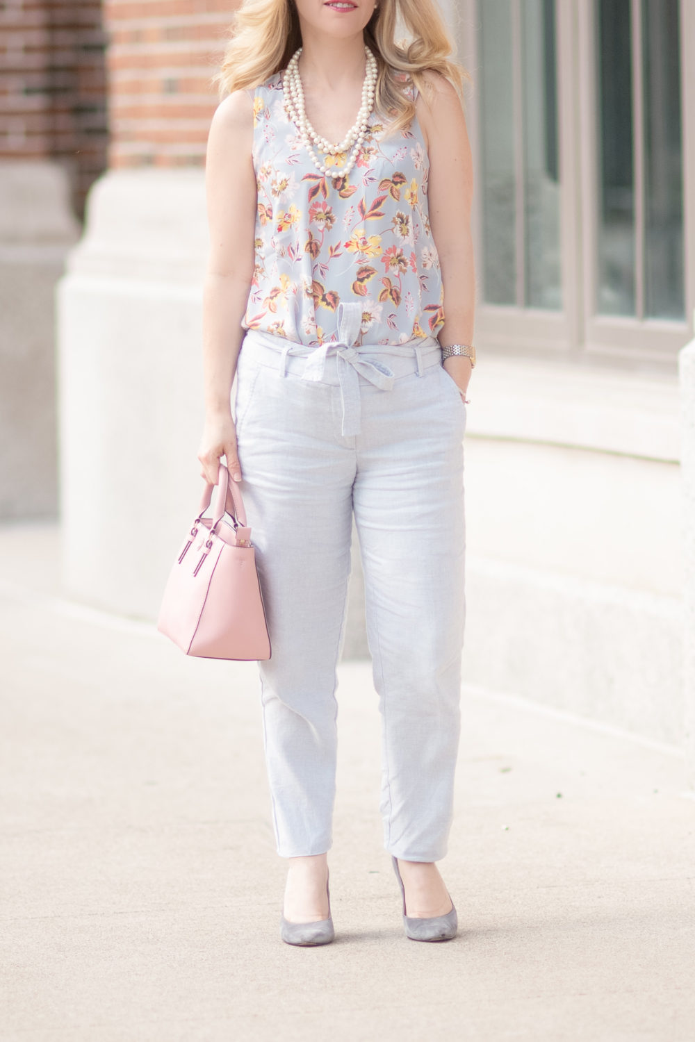 Petite Fashion and Style Blog | Loft Sale | Loft Floral Flounce Top | Loft Slim Textured Tie Waist Pencil Pants