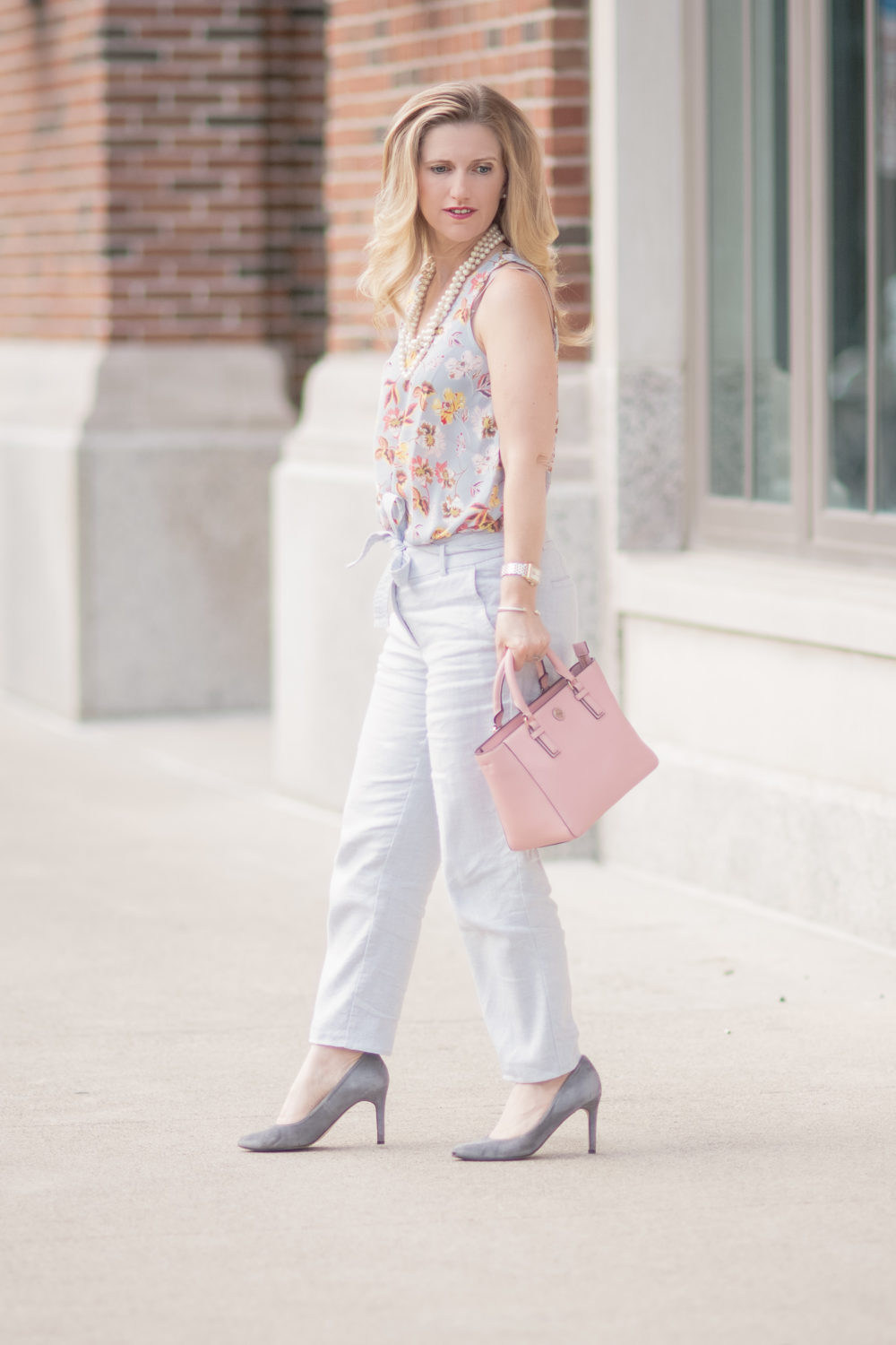 Petite Fashion and Style Blog | Loft Sale | Loft Floral Flounce Top | Loft Slim Textured Tie Waist Pencil Pants