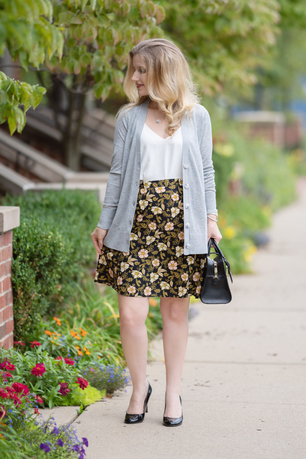 Petite Fashion and Style Blog | Loft Fall Arrivals | Daisy Fluid A-Line Skirt | Loft Boyfriend Cardigan