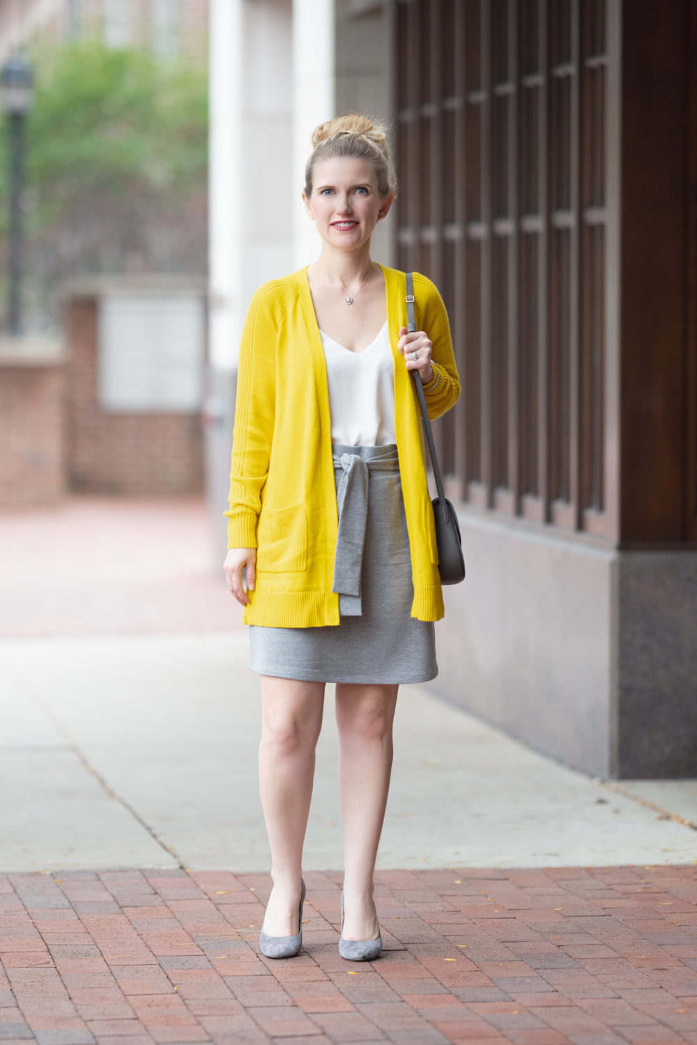 Petite Fashion and Style Blog | Halogen Mixed Stitch Cardigan | Loft Tie Front Skirt