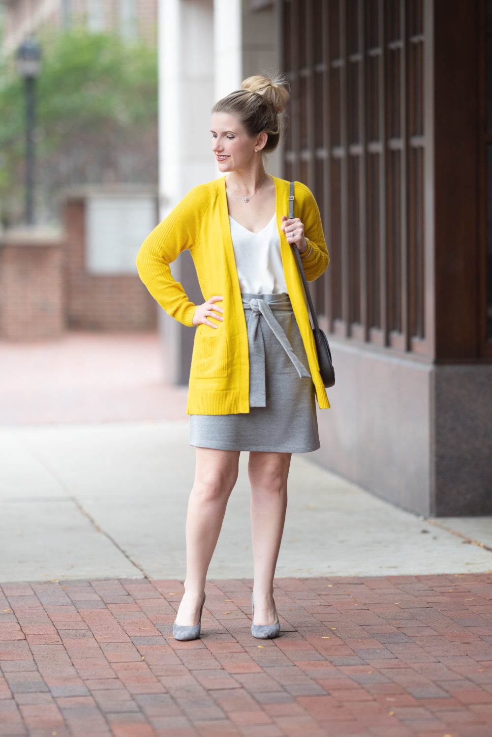 Petite Fashion and Style Blog | Halogen Mixed Stitch Cardigan | Loft Tie Front Skirt | How to Wear Yellow
