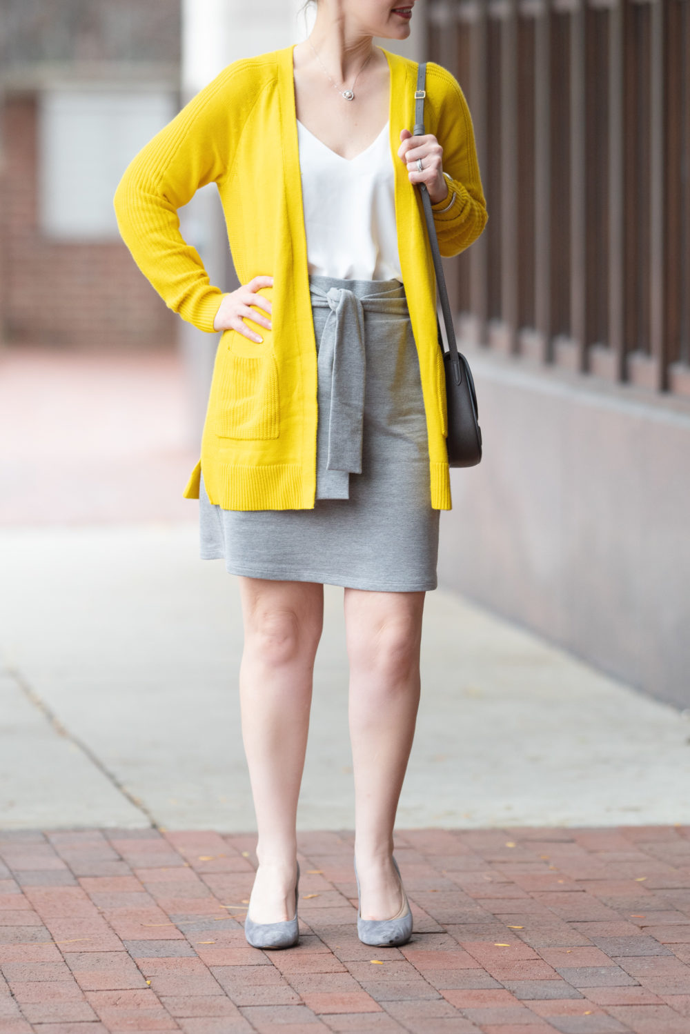 Petite Fashion and Style Blog | Halogen Mixed Stitch Cardigan | Loft Tie Front Skirt | How to Wear Yellow
