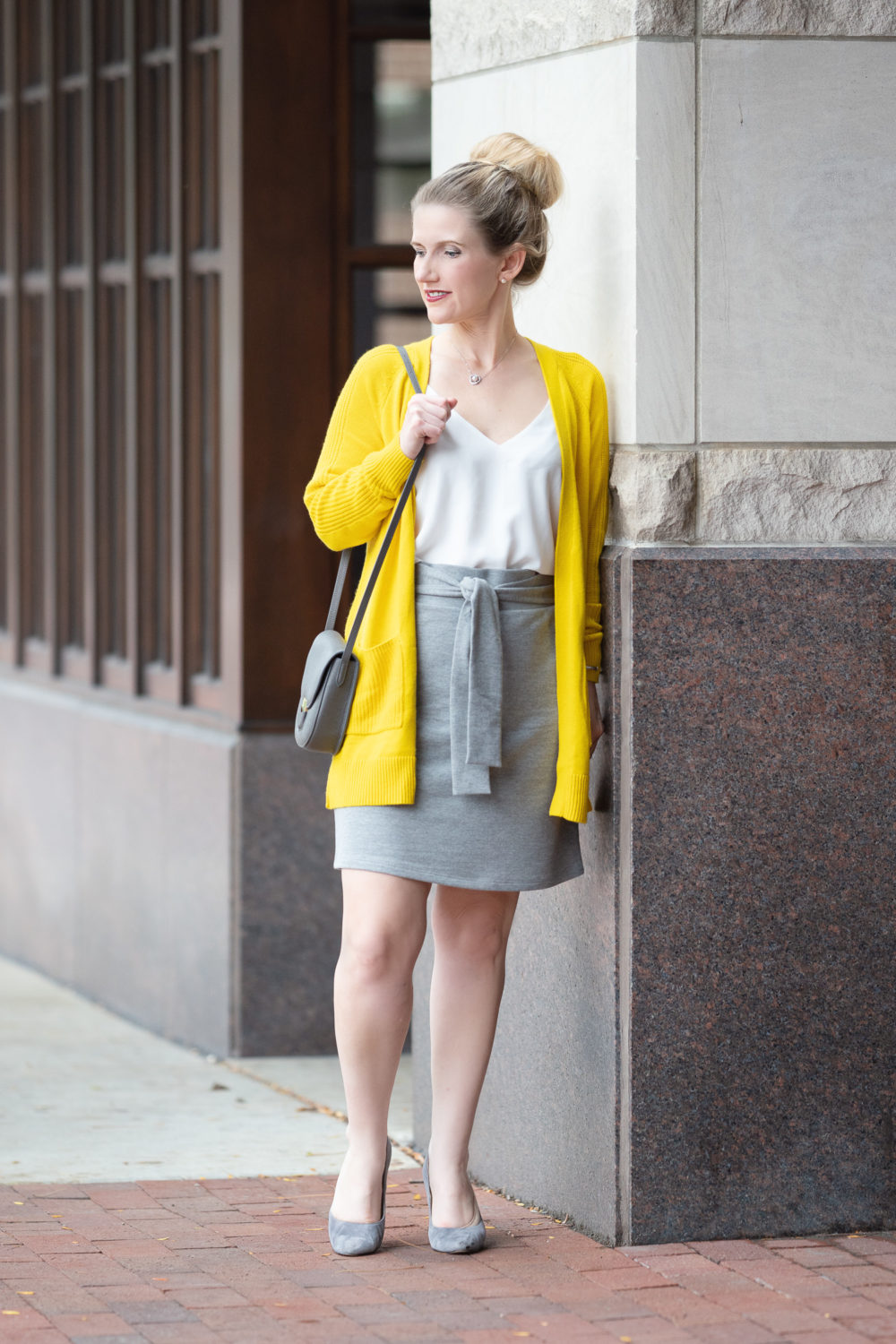 Petite Fashion and Style Blog | Halogen Mixed Stitch Cardigan | Loft Tie Front Skirt | How to Wear Yellow