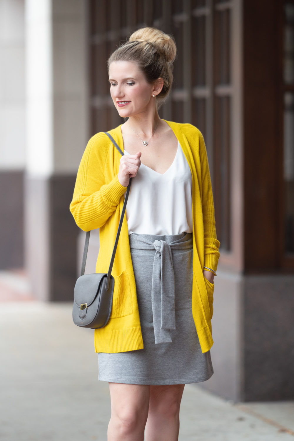 Petite Fashion and Style Blog | Halogen Mixed Stitch Cardigan | Loft Tie Front Skirt | How to Wear Yellow