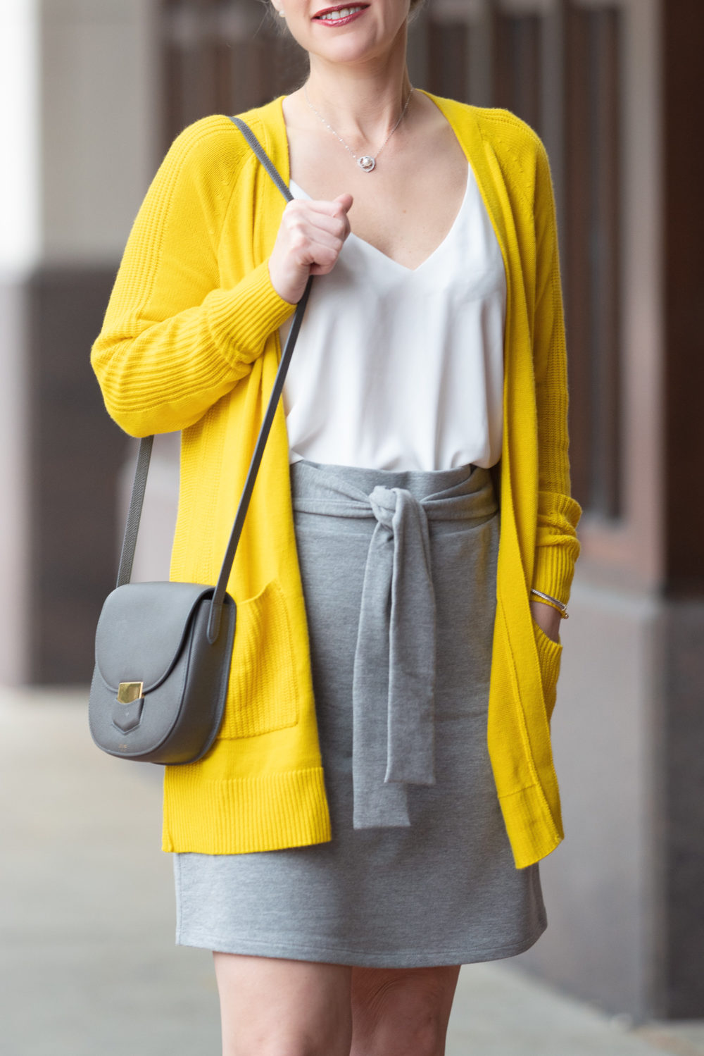 Petite Fashion and Style Blog | Halogen Mixed Stitch Cardigan | Loft Tie Front Skirt