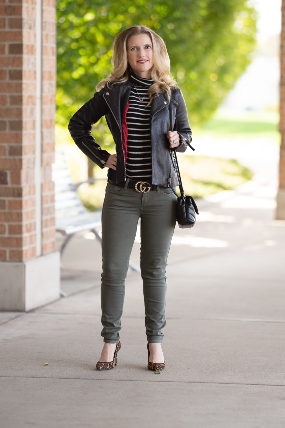 Petite Fashion and Style Blog | Topshop Leather Moto Jacket | Ann Taylor Leopard Heels | YSL LouLou Crossbody Bag