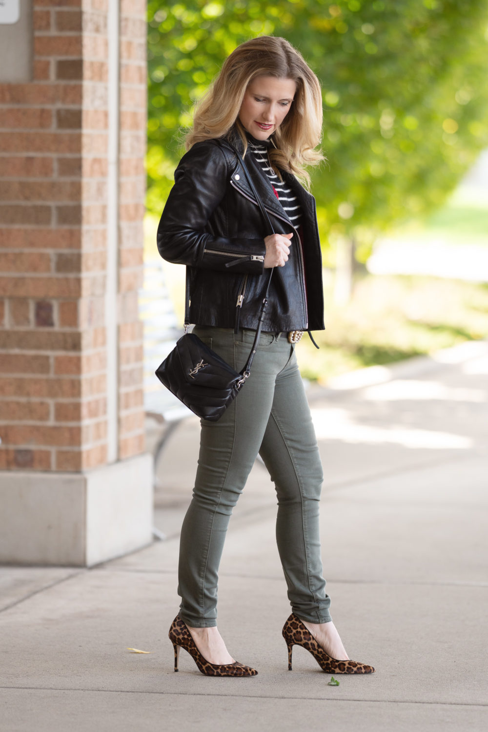 Petite Fashion and Style Blog | Topshop Leather Moto Jacket | Ann Taylor Leopard Heels | YSL LouLou Crossbody Bag