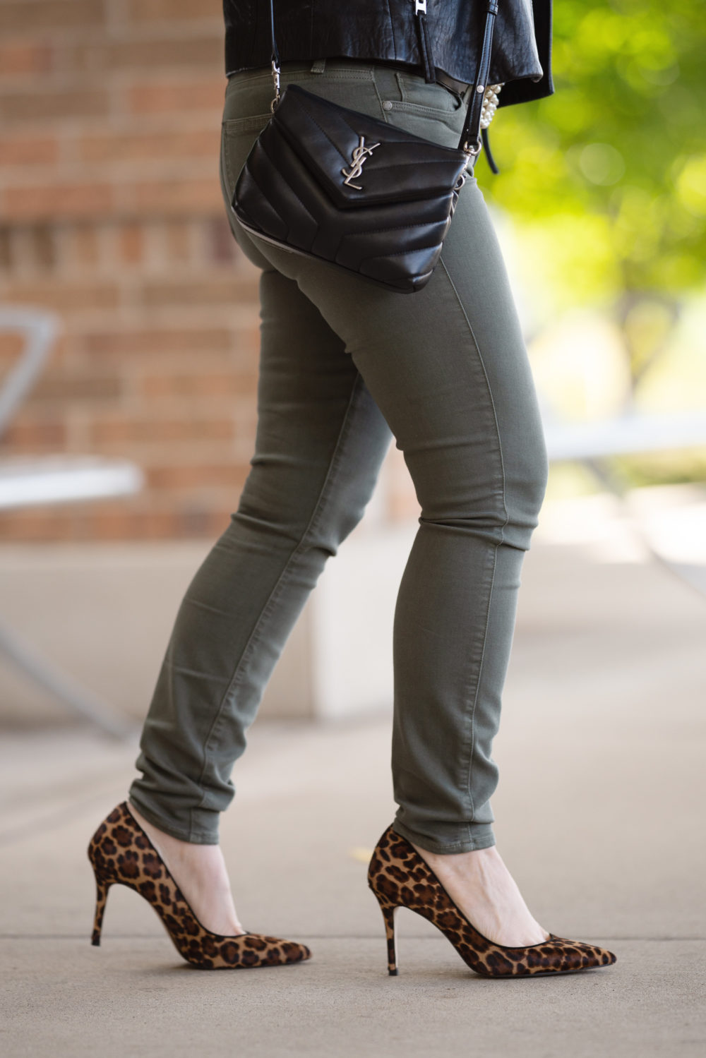 Petite Fashion and Style Blog | Topshop Leather Moto Jacket | Ann Taylor Leopard Heels | YSL LouLou Crossbody Bag