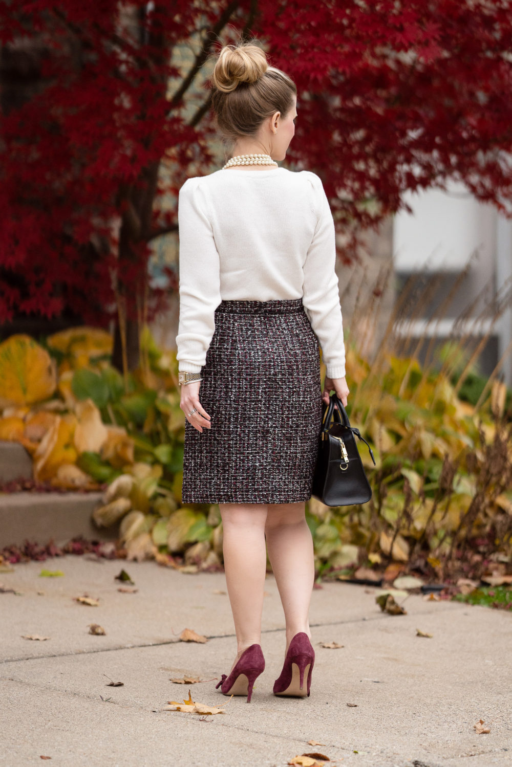 Petite Fashion and Style Blog | Ann Taylor Puffed Shoulder Sweater | Ann Taylor Tweed A-Line Skirt