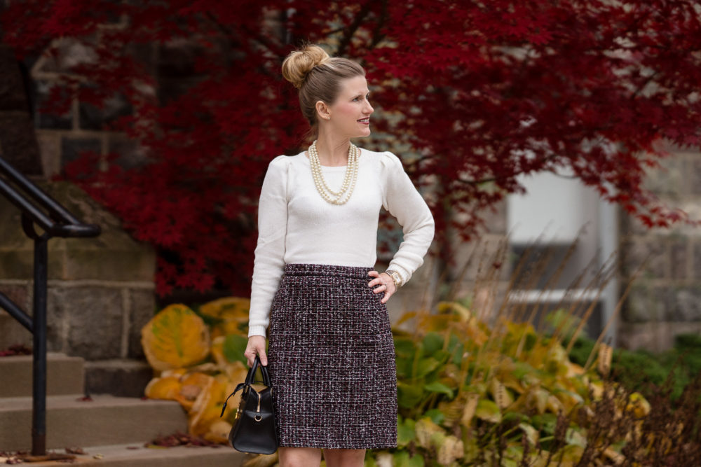 Petite Fashion and Style Blog | Ann Taylor Puffed Shoulder Sweater | Ann Taylor Tweed A-Line Skirt