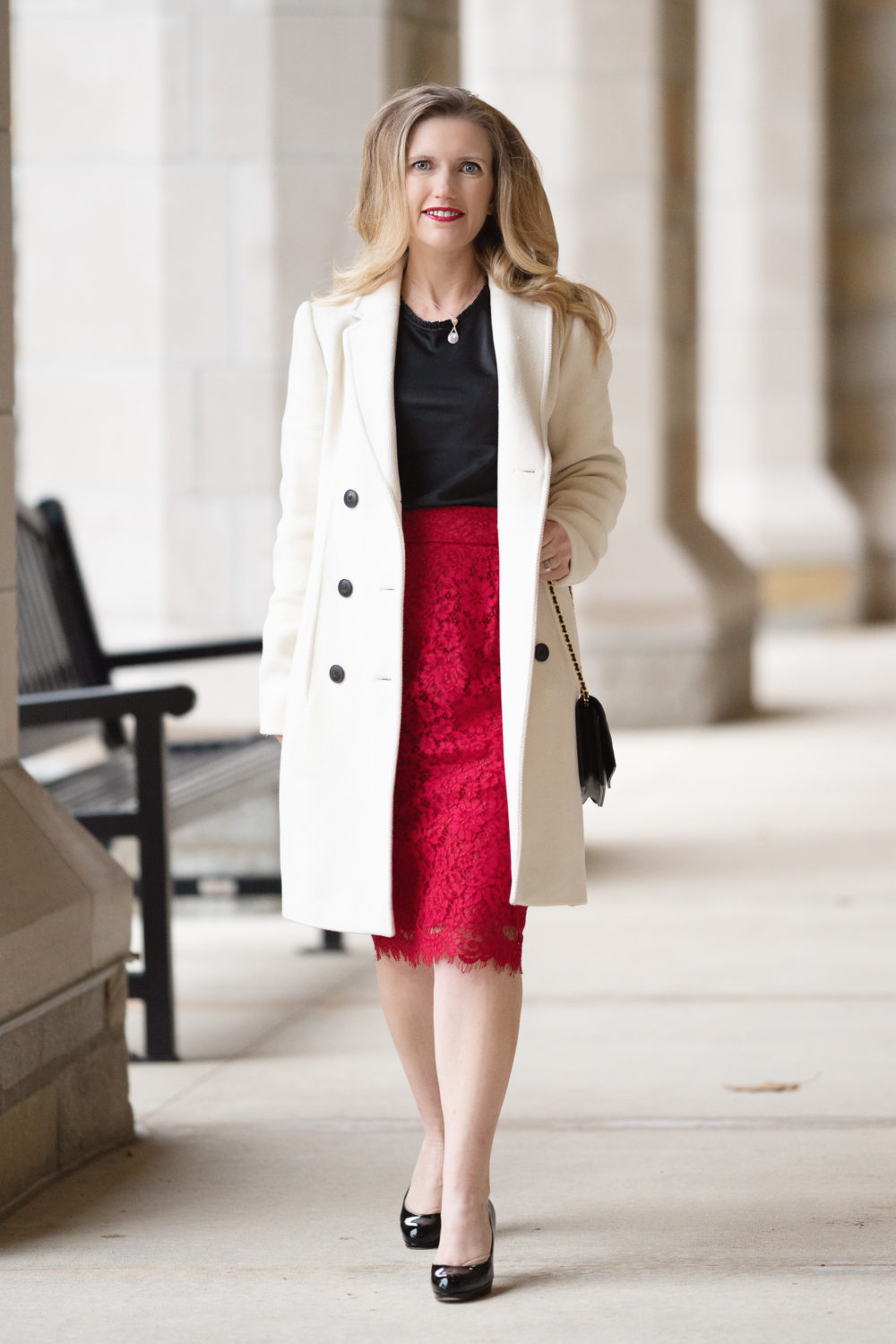 Petite Fashion and Style Blog | J. Crew Pintucked Pencil Skirt in Lace | Red Skirt | Lace Skirt | Christian Louboutin Simple Pump | Holiday Outfit Idea