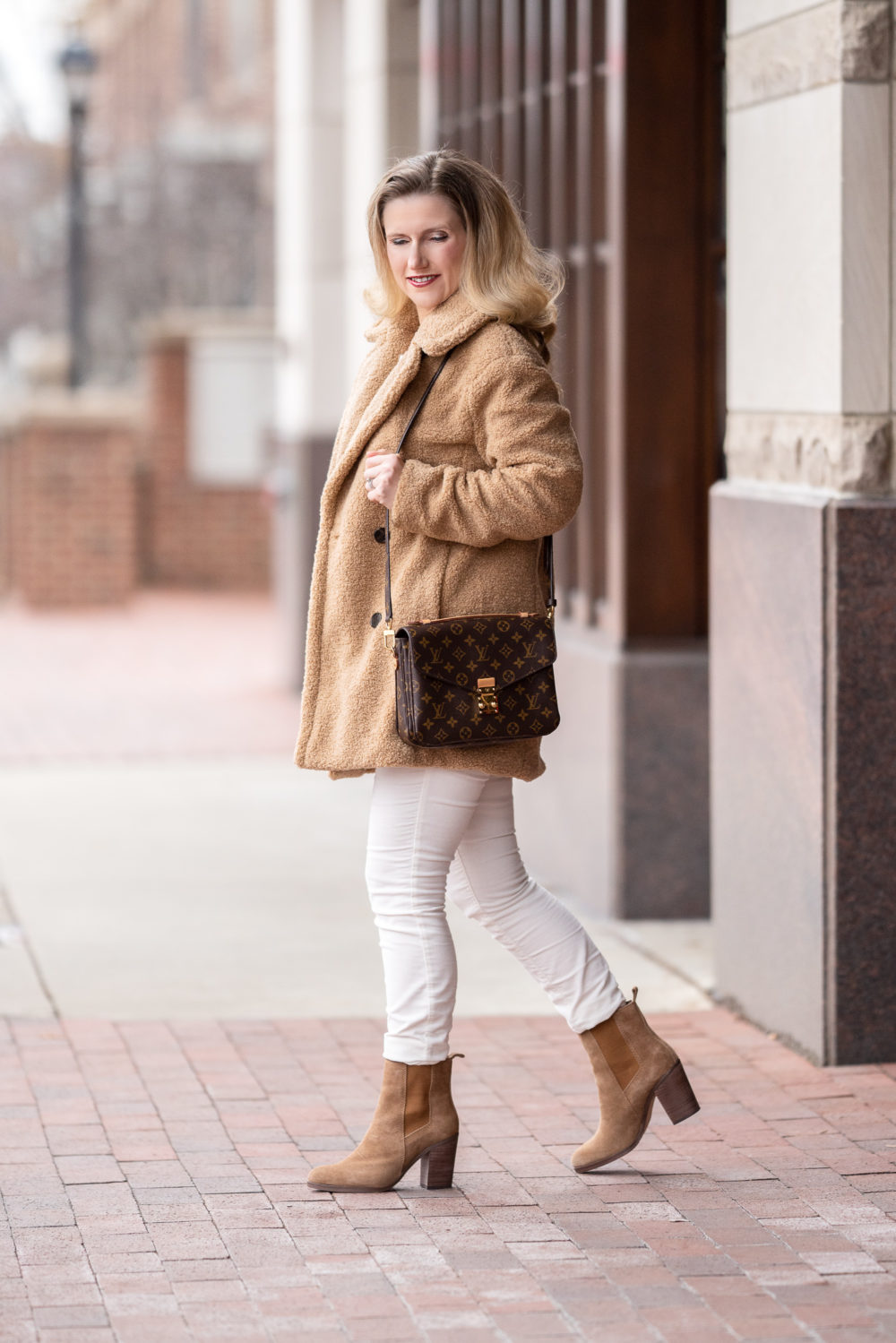 Petite Fashion and Style Blog | Kensie Double Breasted Faux-Fur Teddy Coat | Loft Striped Sweater | Loft Modern Skinny Corduroy Pants