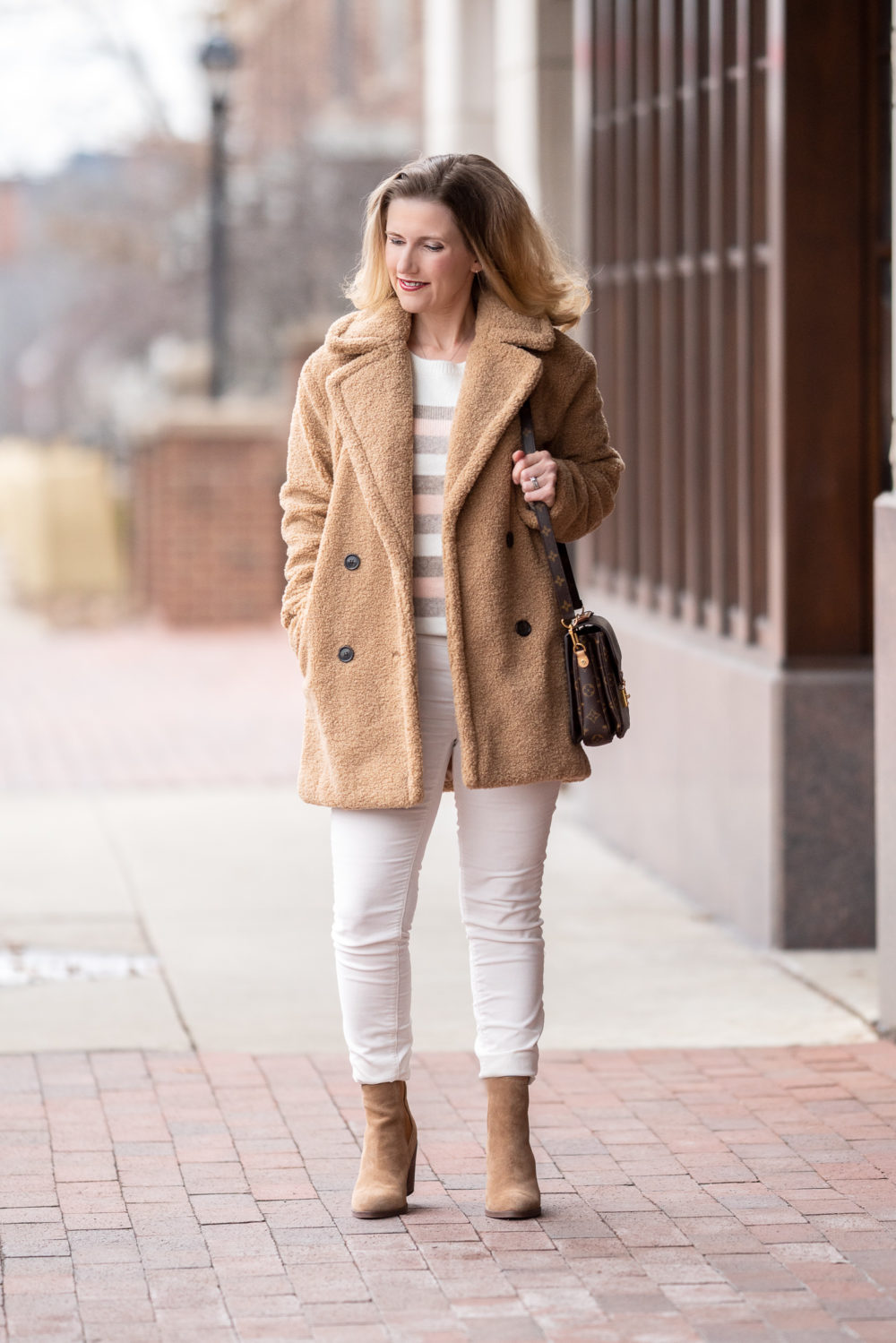 Petite Fashion and Style Blog | Kensie Double Breasted Faux-Fur Teddy Coat | Loft Striped Sweater | Loft Modern Skinny Corduroy Pants