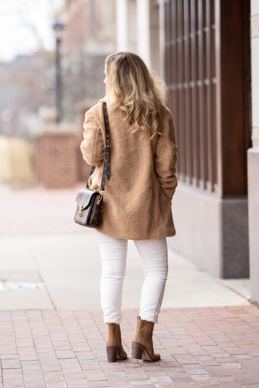 Petite Fashion and Style Blog | Kensie Double Breasted Faux-Fur Teddy Coat | Loft Striped Sweater | Loft Modern Skinny Corduroy Pants