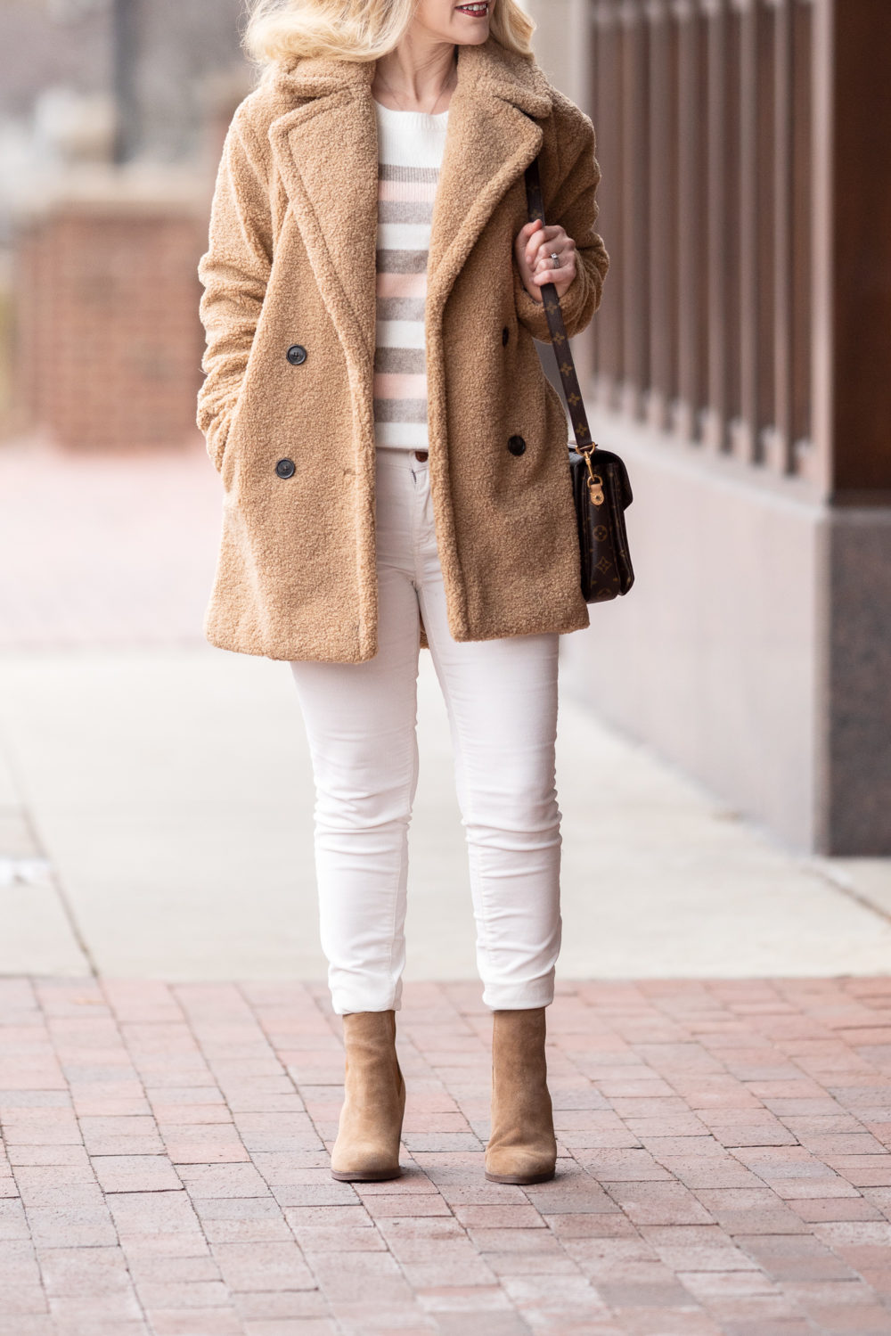 Petite Fashion and Style Blog | Kensie Double Breasted Faux-Fur Teddy Coat | Loft Striped Sweater | Loft Modern Skinny Corduroy Pants