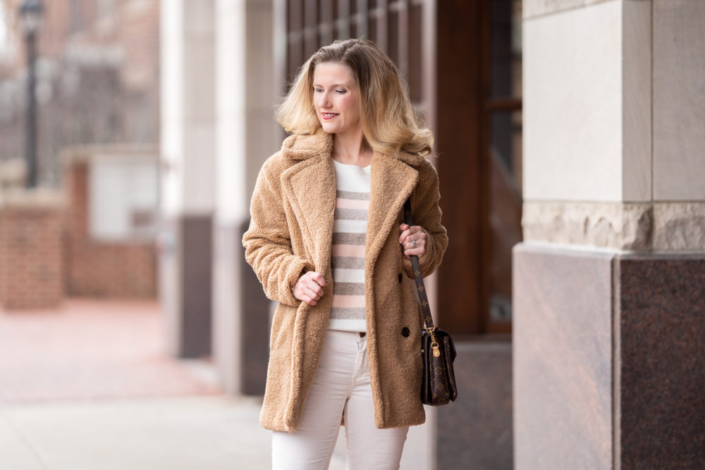 Petite Fashion and Style Blog | Kensie Double Breasted Faux-Fur Teddy Coat | Loft Striped Sweater | Loft Modern Skinny Corduroy Pants