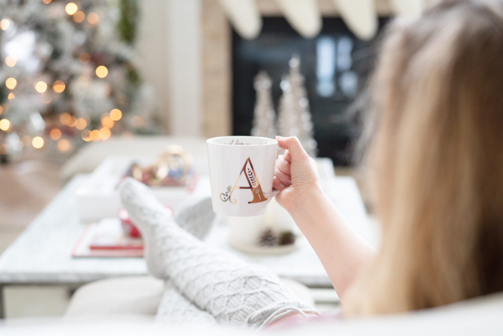 Petite Fashion and Style Blog | Nordstrom At Home Monogram Mug | Ugg Sparkle Cable Knit Over the Knee Socks | Gifts for the Homebody