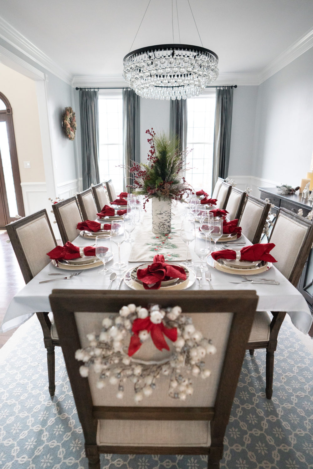 Petite Fashion Blog | Our Home For the Holidays | Eliza J. Velvet Dress | Flocked Christmas Tree | Pottery Barn Plaid Plates | Natural Cedar Garland