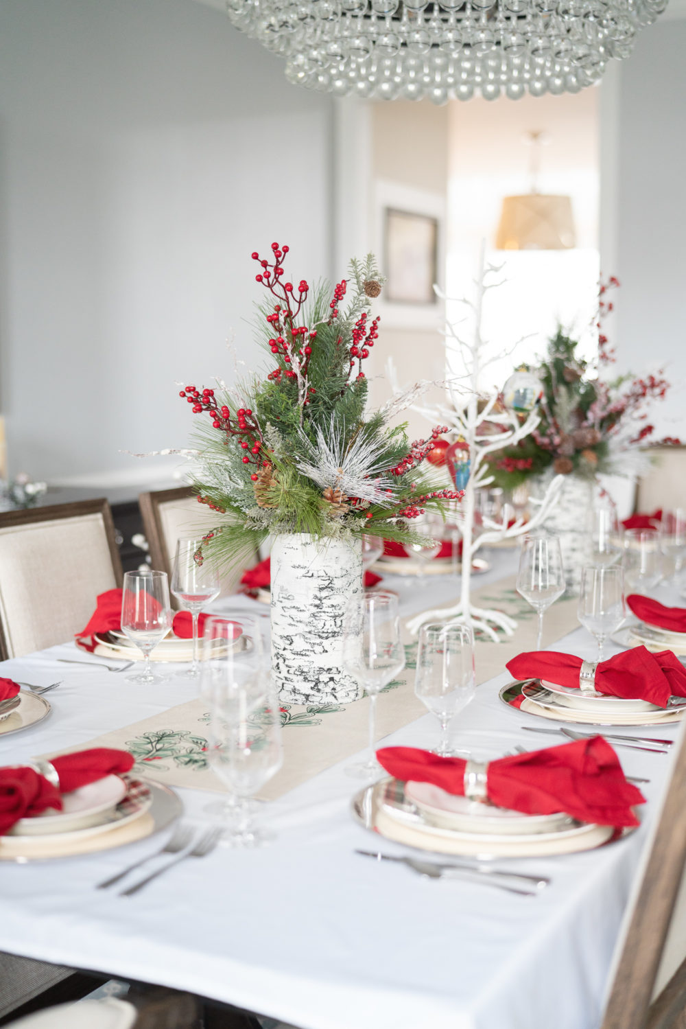 Petite Fashion Blog | Our Home For the Holidays | Eliza J. Velvet Dress | Flocked Christmas Tree | Pottery Barn Plaid Plates | Natural Cedar Garland