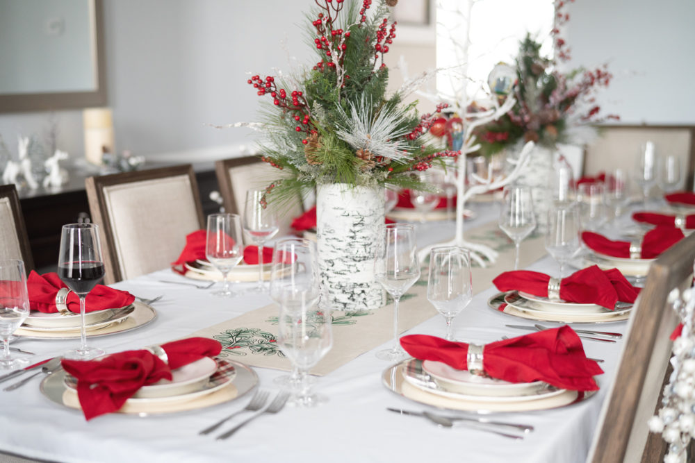 Petite Fashion Blog | Our Home For the Holidays | Eliza J. Velvet Dress | Flocked Christmas Tree | Pottery Barn Plaid Plates | Natural Cedar Garland