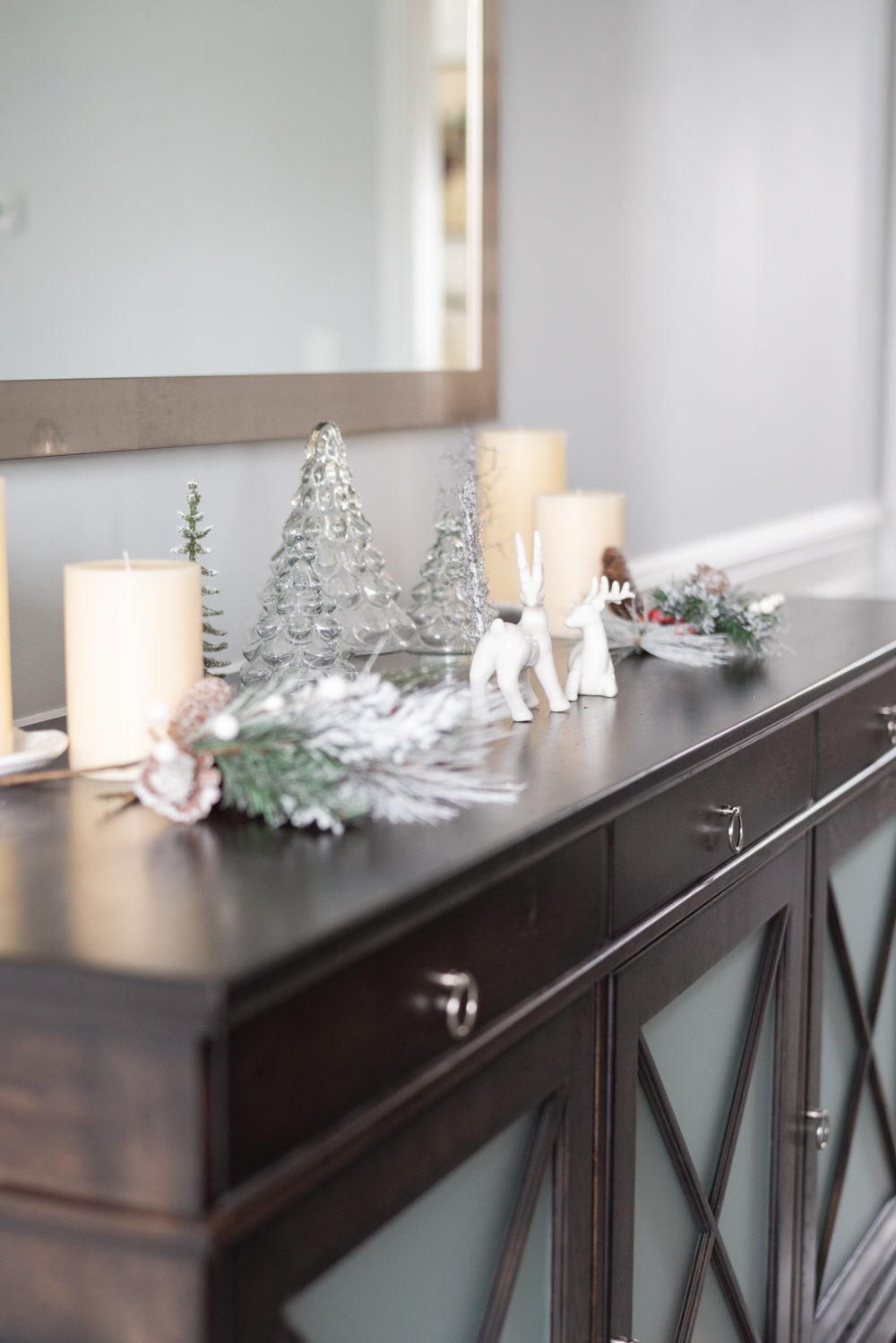 Petite Fashion Blog | Our Home For the Holidays | Eliza J. Velvet Dress | Flocked Christmas Tree | Pottery Barn Plaid Plates | Natural Cedar Garland