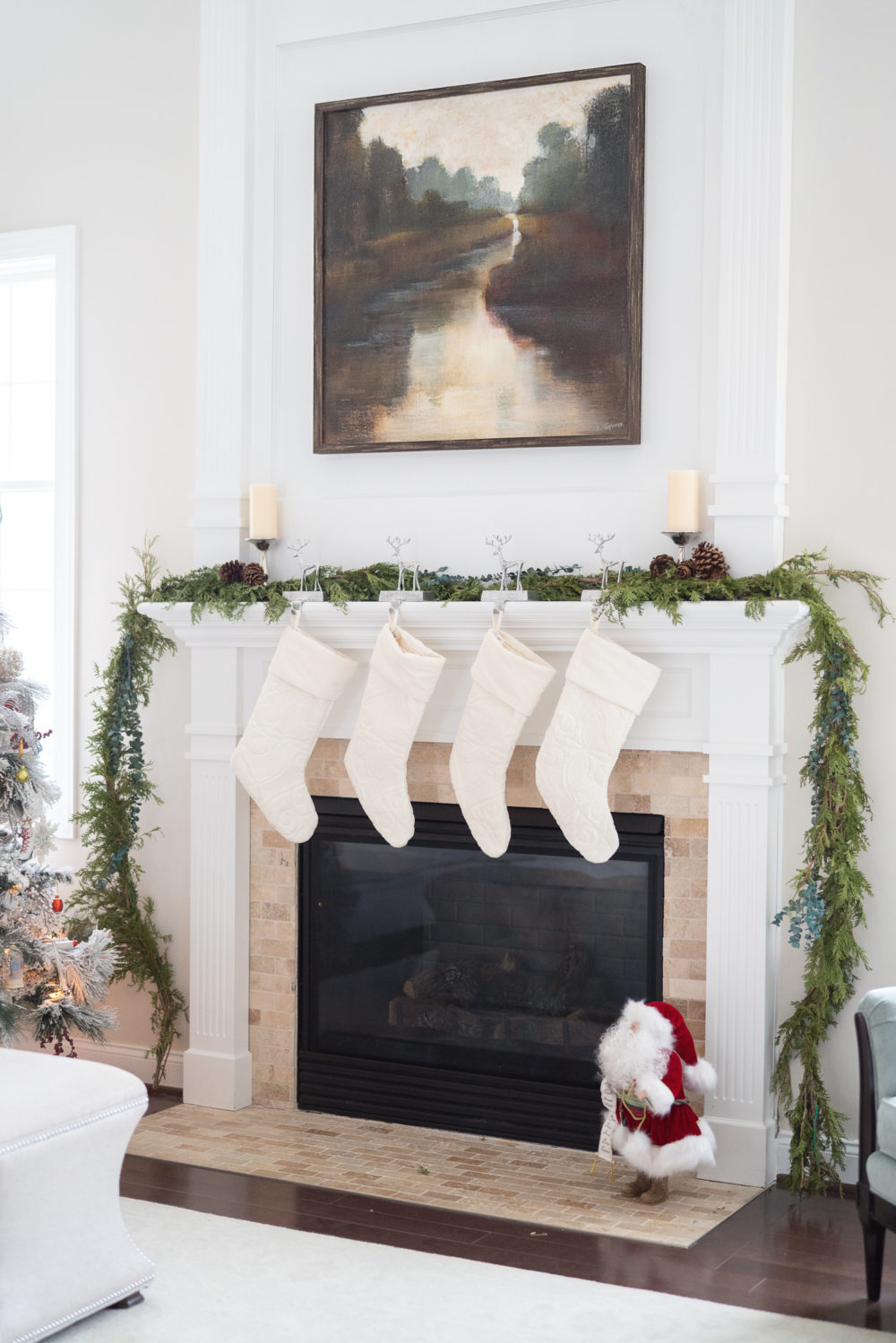Petite Fashion Blog | Our Home For the Holidays | Eliza J. Velvet Dress | Flocked Christmas Tree | Pottery Barn Plaid Plates | Natural Cedar Garland