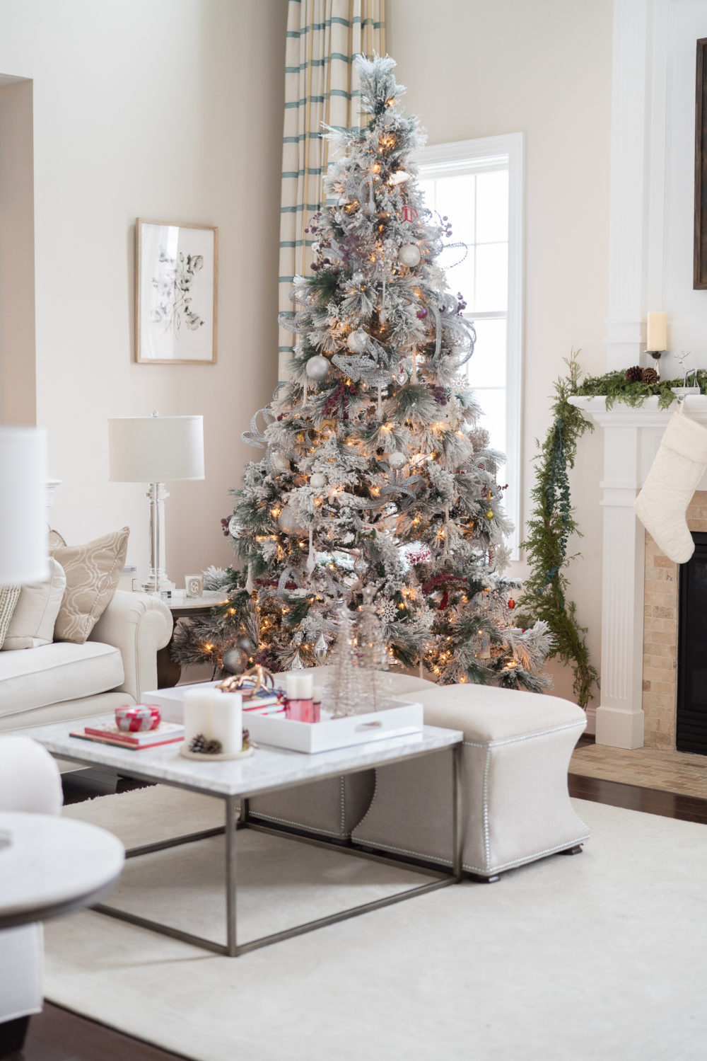 Petite Fashion Blog | Our Home For the Holidays | Eliza J. Velvet Dress | Flocked Christmas Tree | Pottery Barn Plaid Plates | Natural Cedar Garland