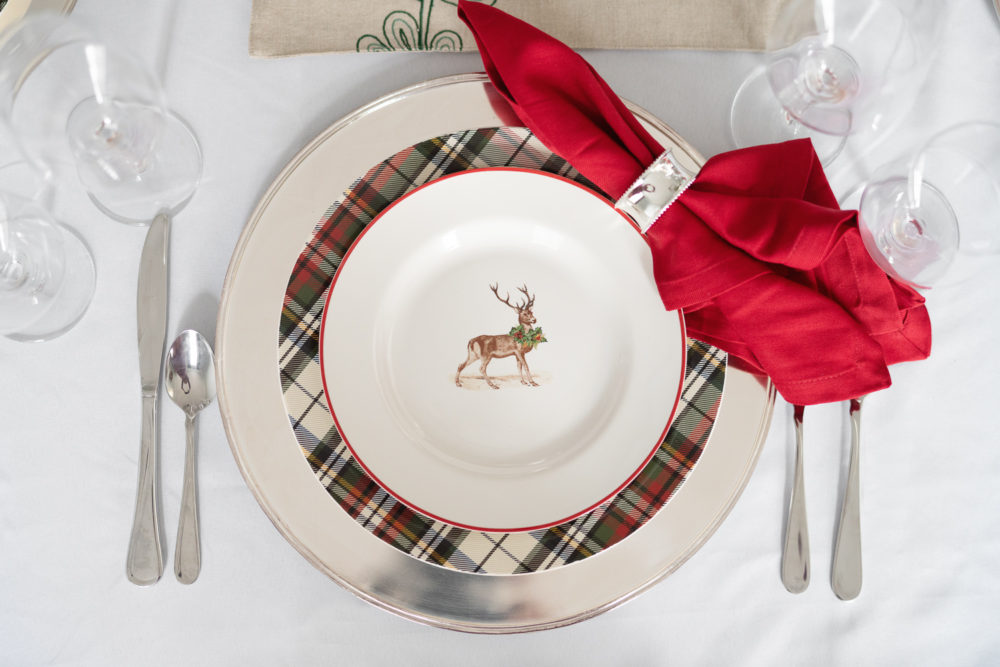Petite Fashion Blog | Our Home For the Holidays | Eliza J. Velvet Dress | Flocked Christmas Tree | Pottery Barn Plaid Plates | Natural Cedar Garland