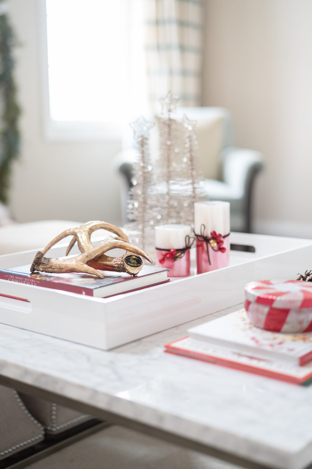 Petite Fashion Blog | Our Home For the Holidays | Eliza J. Velvet Dress | Flocked Christmas Tree | Pottery Barn Plaid Plates | Natural Cedar Garland