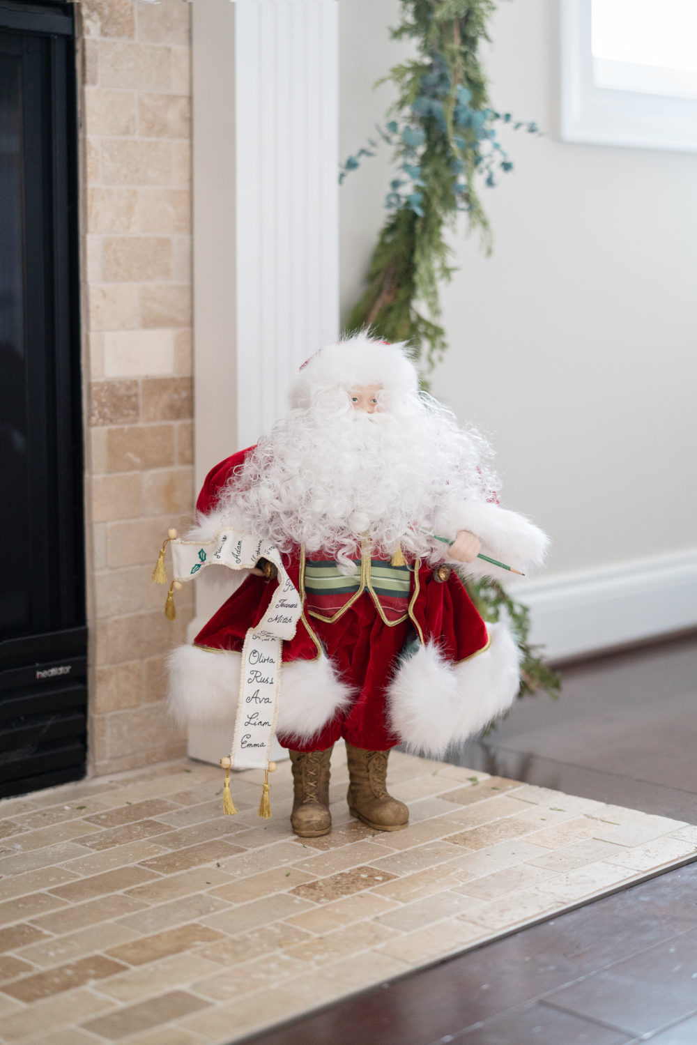 Petite Fashion Blog | Our Home For the Holidays | Eliza J. Velvet Dress | Flocked Christmas Tree | Pottery Barn Plaid Plates | Natural Cedar Garland