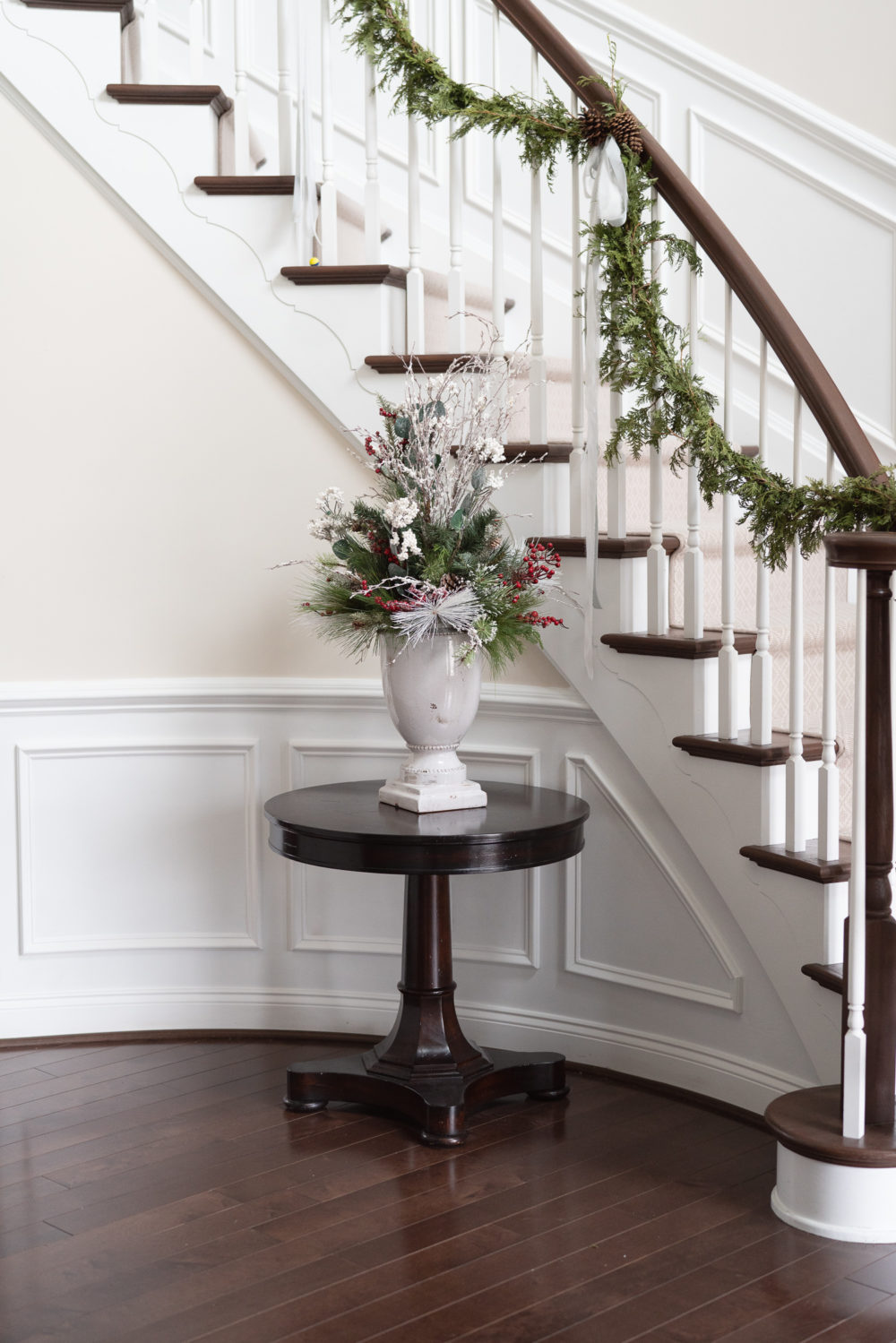 Petite Fashion Blog | Our Home For the Holidays | Eliza J. Velvet Dress | Flocked Christmas Tree | Pottery Barn Plaid Plates | Natural Cedar Garland