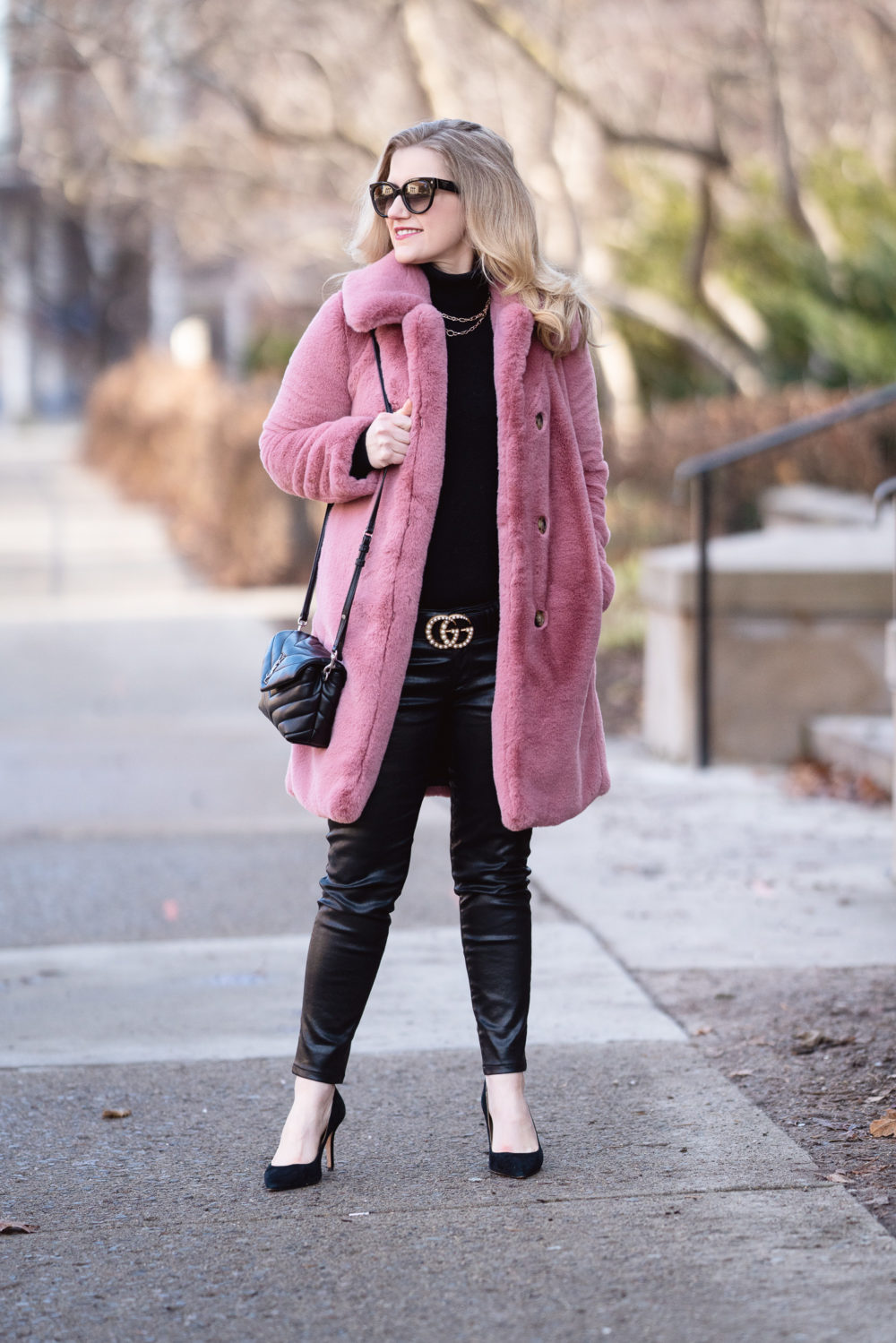 Petite Fashion and Style Blog | AG Leatherette Leggings | Ann Taylor Mila Suede Pumps | J. Crew Faux Fur Coat