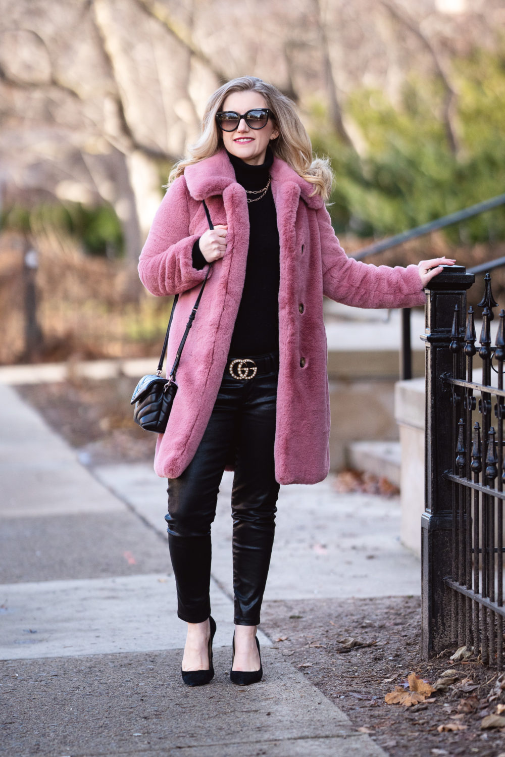 Petite Fashion and Style Blog | AG Leatherette Leggings | Ann Taylor Mila Suede Pumps | J. Crew Faux Fur Coat