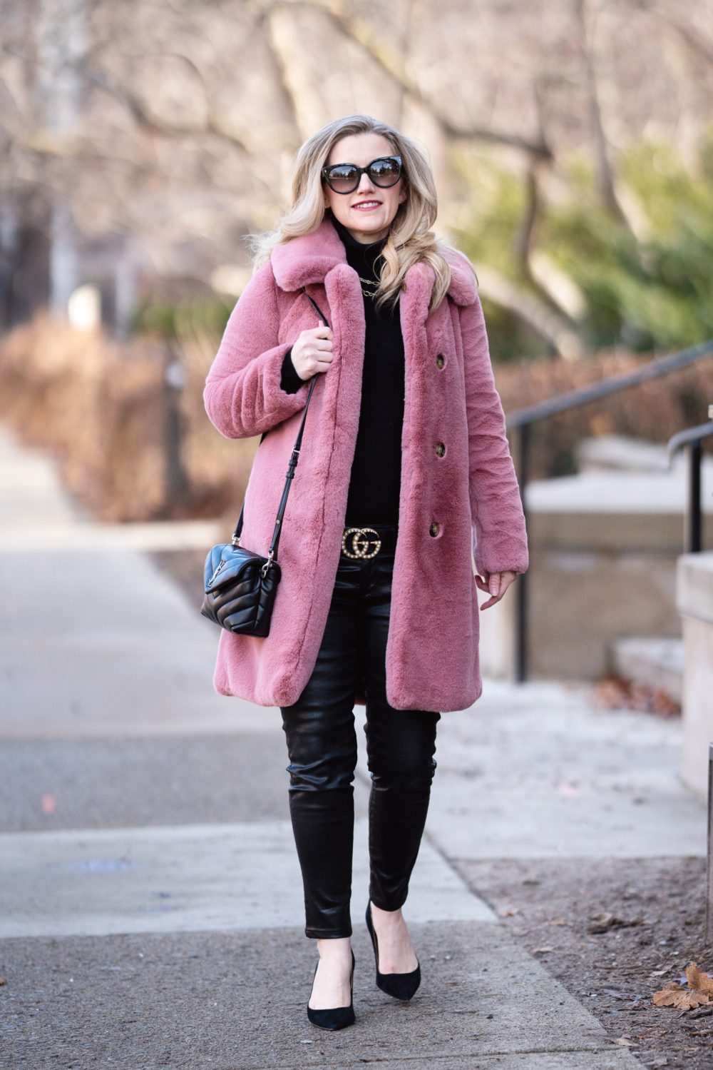 Petite Fashion and Style Blog | AG Leatherette Leggings | Ann Taylor Mila Suede Pumps | J. Crew Faux Fur Coat