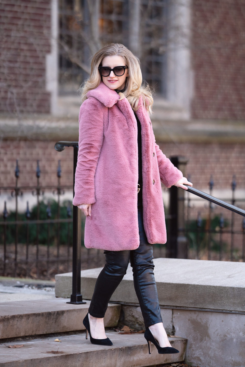 Petite Fashion and Style Blog | AG Leatherette Leggings | Ann Taylor Mila Suede Pumps | J. Crew Faux Fur Coat