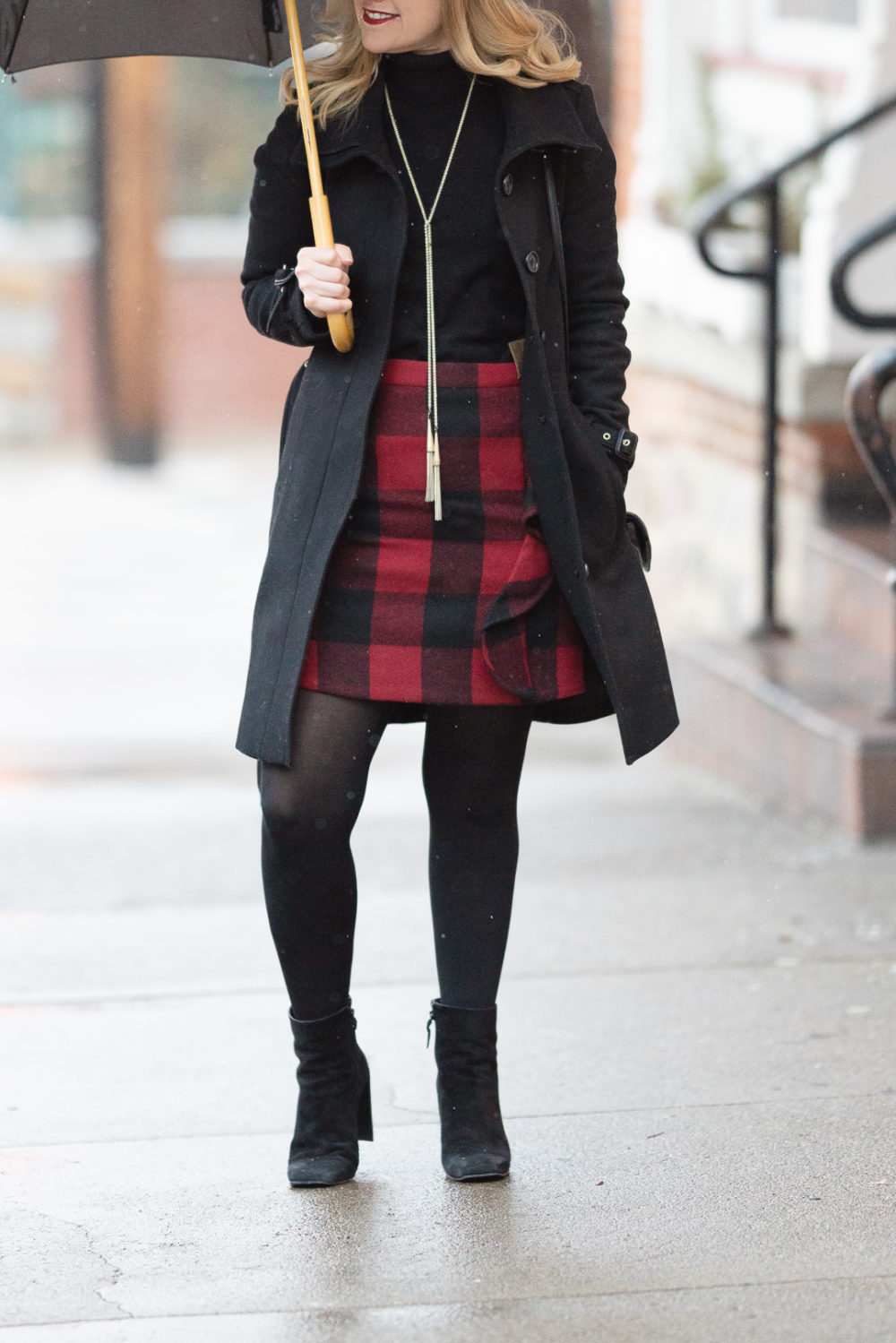 Petite Fashion and Style Blog | Amazon Cashmere Turtleneck | J. Crew Factory Ruffle Front Mini Skirt | Burberry Wool Trench Coat